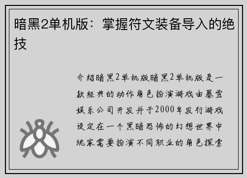暗黑2单机版：掌握符文装备导入的绝技